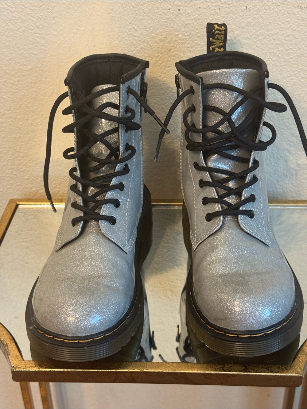 Dr. Martens Silver Glitter Lace-Up Combat Boots - Women's